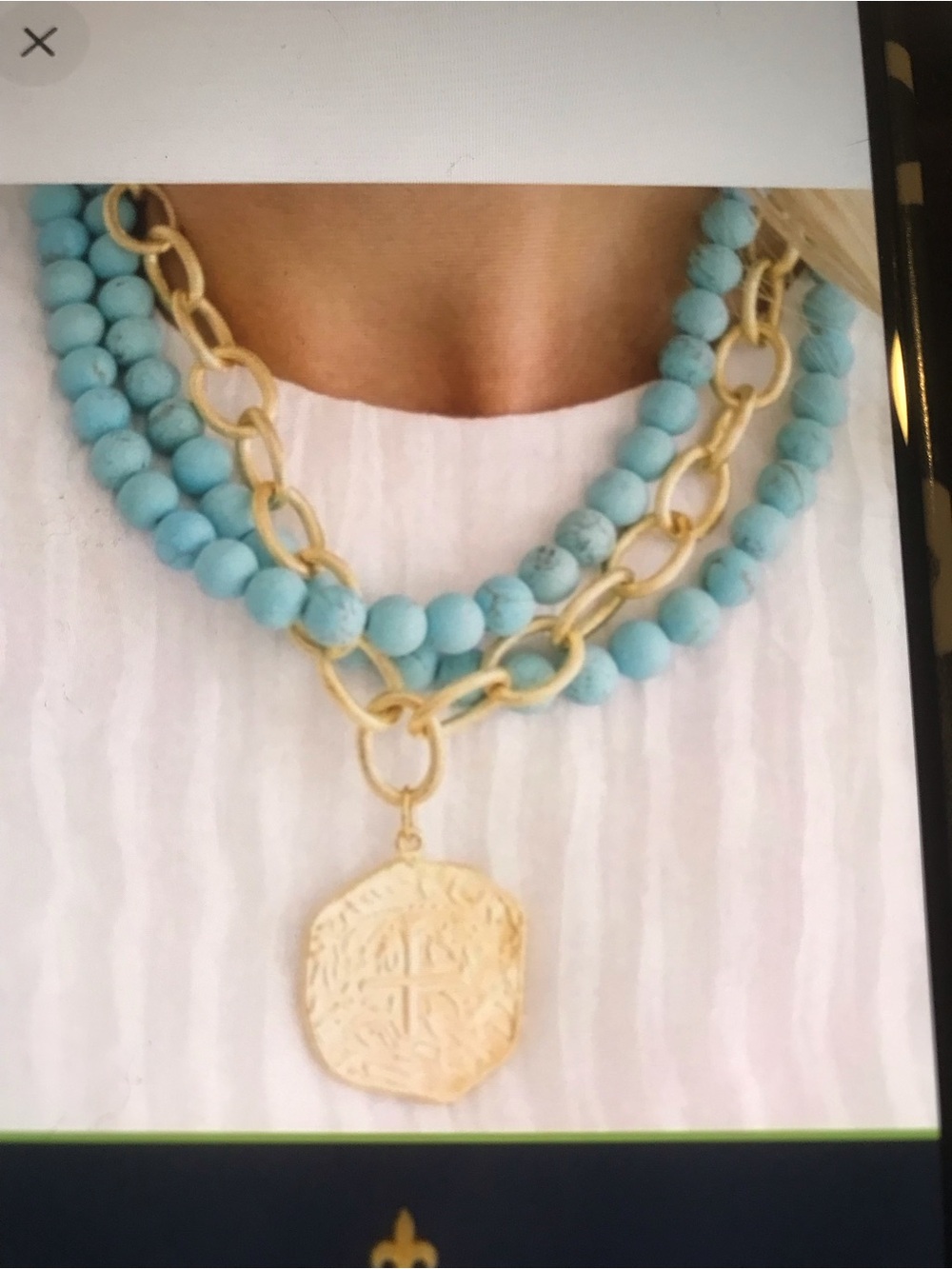 Susan Shaw Layered Turquoise Bead and Gold Chain Necklace with Medallion - Picture 5 of 5